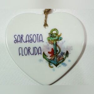 Sarasota Florida Ceramic Heart Ornament Coastal Nautical Anchor Gift Handmade